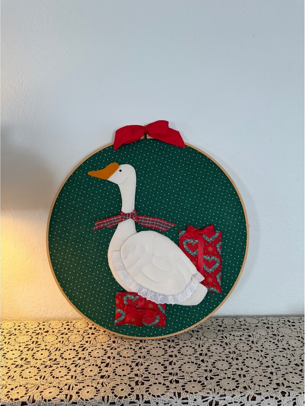 Vintage Handmade Christmas Goose Wall Hanging Embroidery Hoop Folk Art 18”